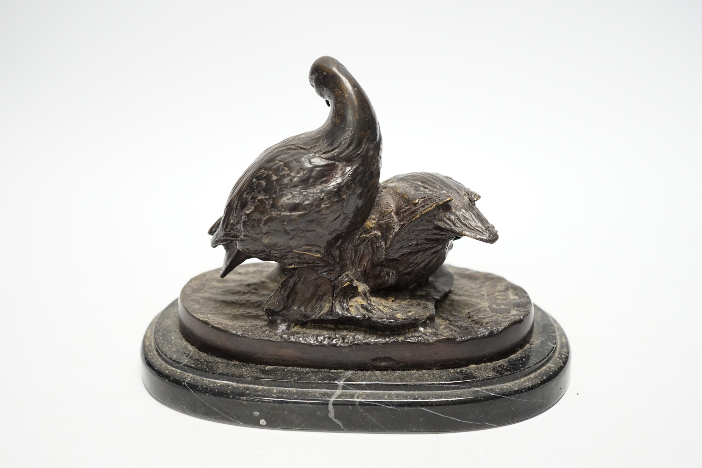 After Christopher Fratin (1801-1864) a bronze figure group of partridges, on marble base, 19cm wide